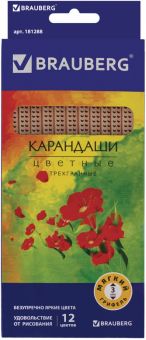 Карандаши 12 цветов BRAUBERG "Цветы" трехгранные (181288)