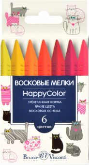 Мелки восковые HappyColor, 6 цветов, трехгранные, в ассортименте